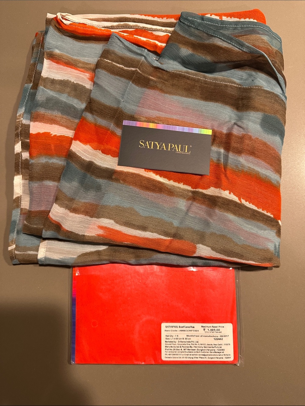 Satya Paul Orange, Blue and Brown Striped Scarf